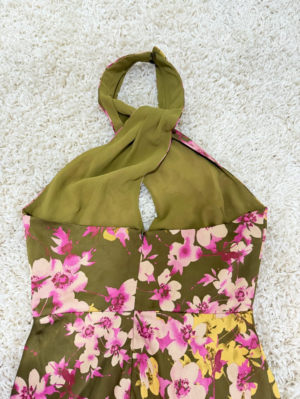 Astr Floral Olive Green Pink Halter Backless Midi Dress - Picture 8 of 14